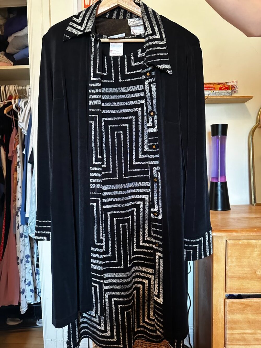 VINTAGE Joseph Ribkoff Black & White Labyrinth 2-Piece Dress & Duster Set